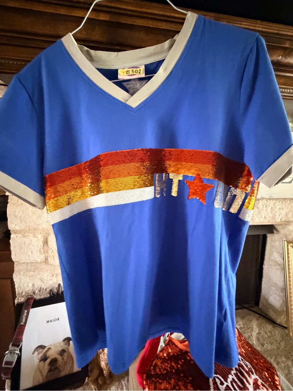 Blue Short-Sleeve V-Neck Tee with Metallic Stripe and Star